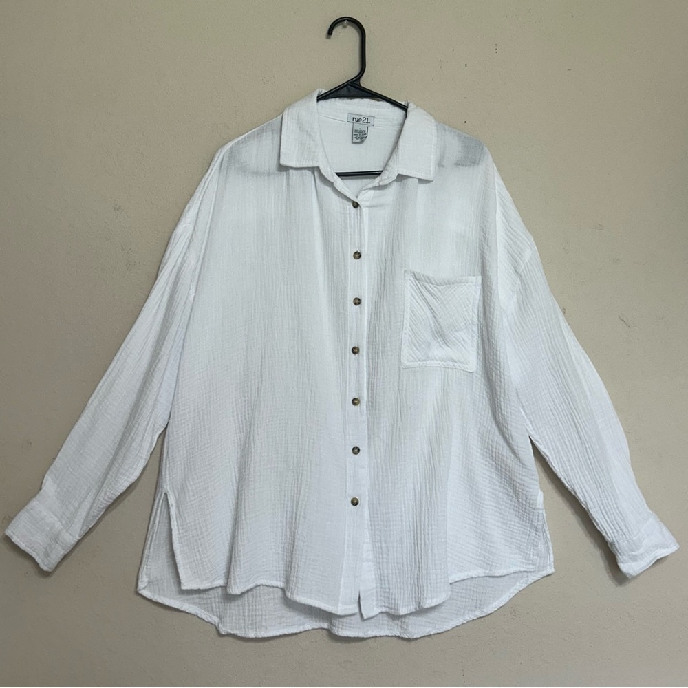 Rue21 Women's White Gauzy 100% Cotton Long Sleeve Button Up Size L Casual Top